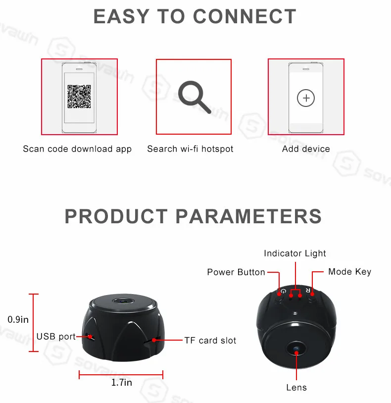 SOVAWIN wifi HD видеокамера CMOS датчик красный светильник ночное видение 5 М камера шпионский монитор Скрытая камера микро камера Поддержка 4-128 г