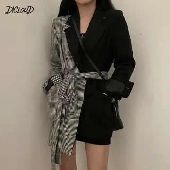 

Harajuku Irregular Women Blazer Office Ladies Belt Suit Jacket Plaid Patchwork Women Coat Outwear blaser femme 2020