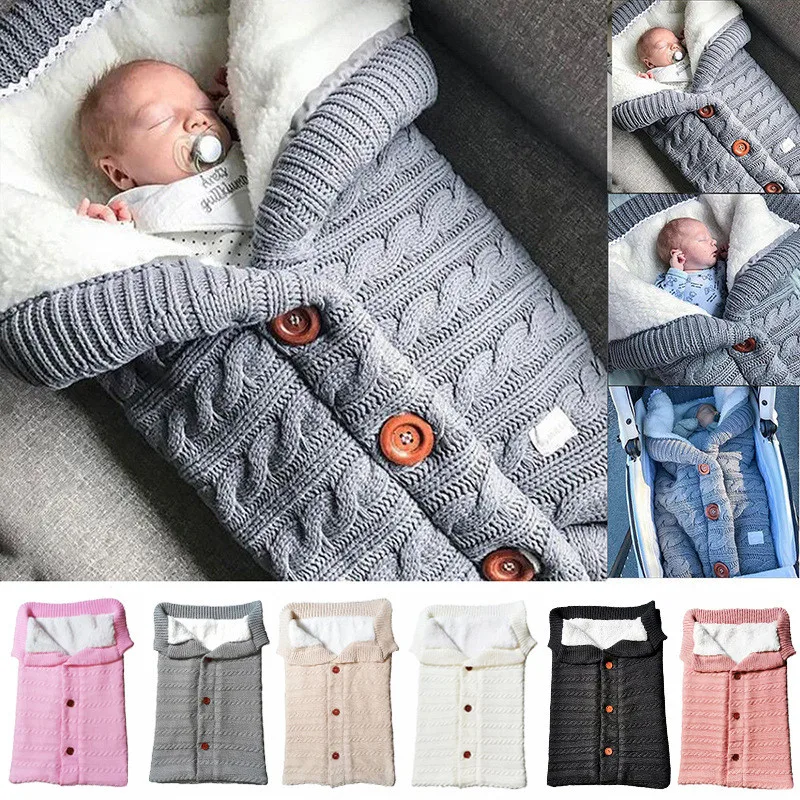 

Newborn Baby Winter Warm Sleeping Bags Infant Button Knitted Envelope Swaddle Wrap velvet Blanket Sleeping Bags