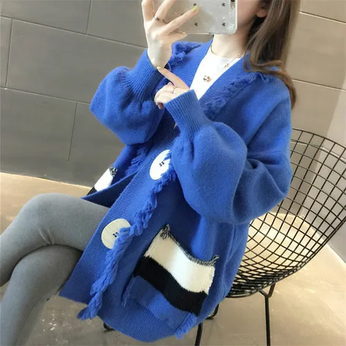 blue Neploe/Контрастный ЦВЕТНОЙ Карманный Женский вязаный кардиган Корейский фонарь с кисточкой рукавом ленивый свитер пальто осень зима теплый джемпер 54573 - Цвет: blue