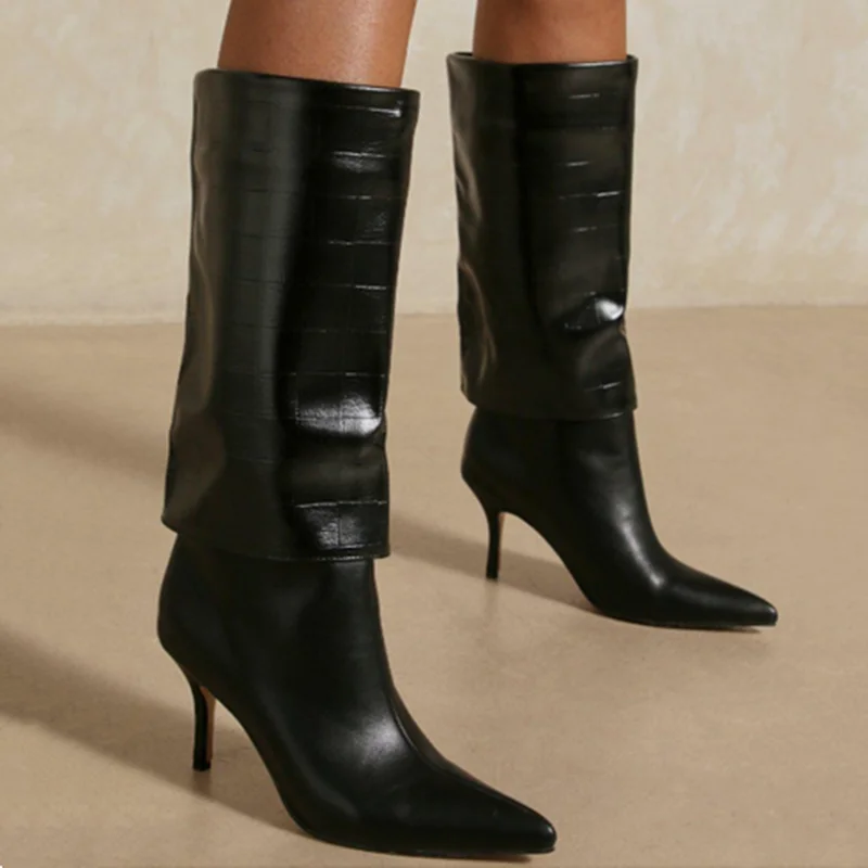 Slip on Overlay Knitted Print Fashion Boots High Heel Pointy Toe Sexy Women's Knee High Winter Boots Size 43