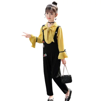 

Children Clothes Solid Blouse + Jumpsuit 2PC Girls Clothing Casual Style Outfit For Girls Teenage Children's Clothes