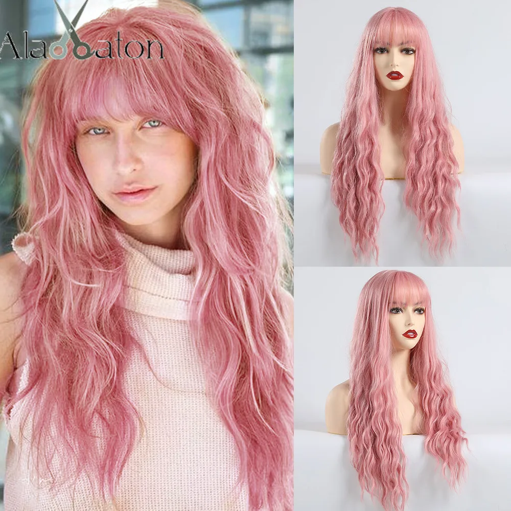 ALAN EATON, Длинные розовые парики с челкой, водная волна, термостойкие волнистые волосы, синтетический парик для женщин, афро-американская Лолита, косплей