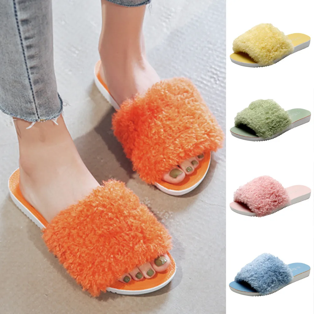 

Women's Warm Shoes Woman Cotton Slippers with Faux Fur Ladies Fashion Slippers Indoor&Outdoor Slip on Flats Female Home Slippers