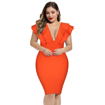 

Maketina 2020 Women Sexy Ruffles Plus Size Bandage Dress Elegant Orange V Neck Bandage Dress Sexy Party Plus Size Bodycon Dress