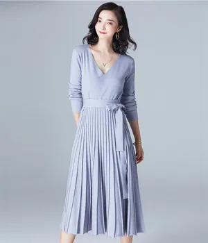 

Women Knitted Pleated Midi Party Dress 2018 Winter Blue Long Sleeve Thick Sweater Dress Elegant Elastic Sashes Vestidos
