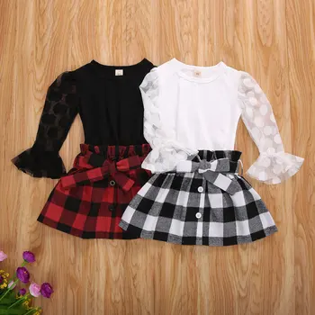 

2020 Fashion Autumn Toddler Kid Baby Girls Clothes Sets Polka Dot Lace Flare Sleeve Shirt Tops Plaid Skirt Outfit 2pcs