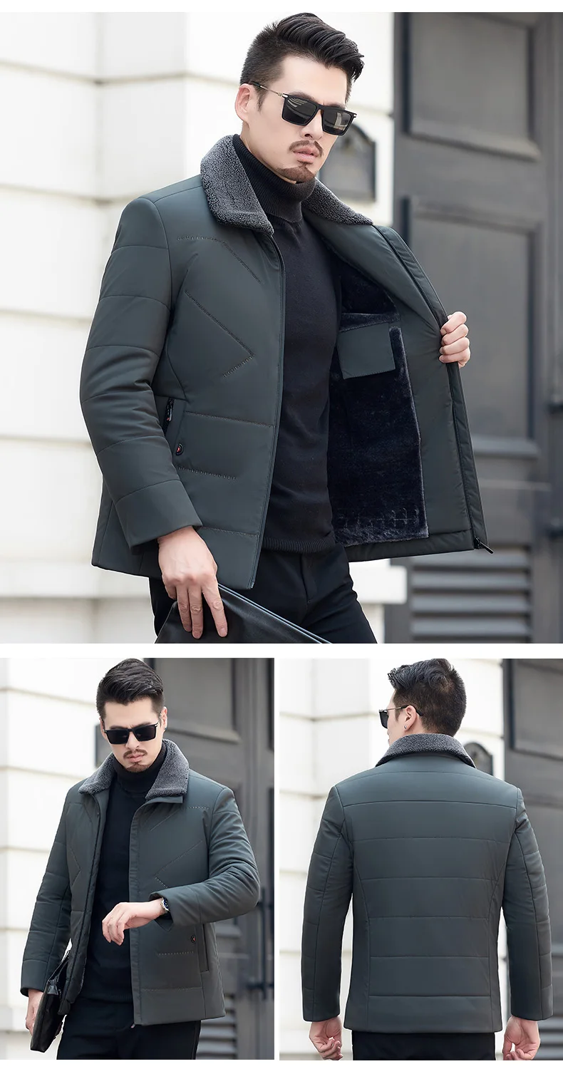 Winter Men Elegant Puffer Parkas Smart Casual Puff Basic Coats Black Gray Thicken Fleece Fur Collar Lightweight Quilted Jackets