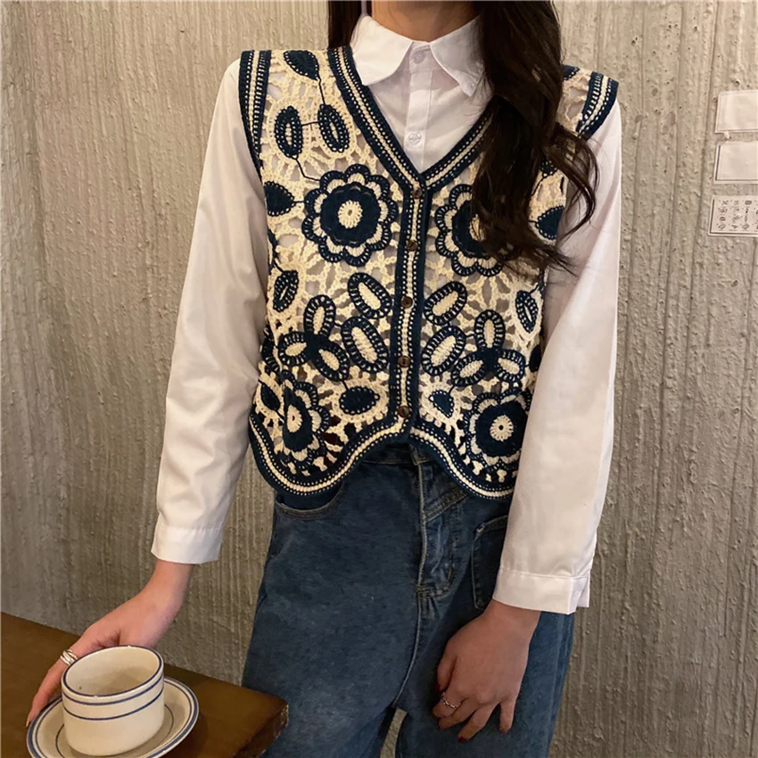 Floral Crochet Knitted Vest Women 2022 Summer Autumn Womens Retro Sleeveless Jacket Cardigan Boho Bohemian Embroidery Waistcoat