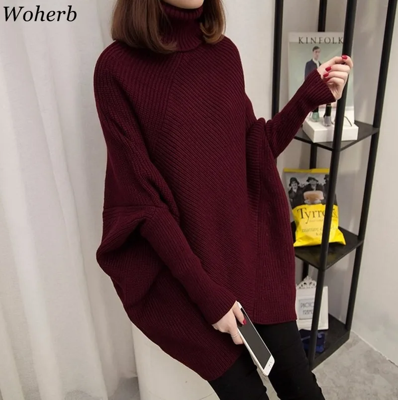 

Woherb Women Sweater Loose Pullover Knitted Batwing Sleeve Turtleneck Sweaters Pull Casual Ladies Oversized Autumn Winter Jumper