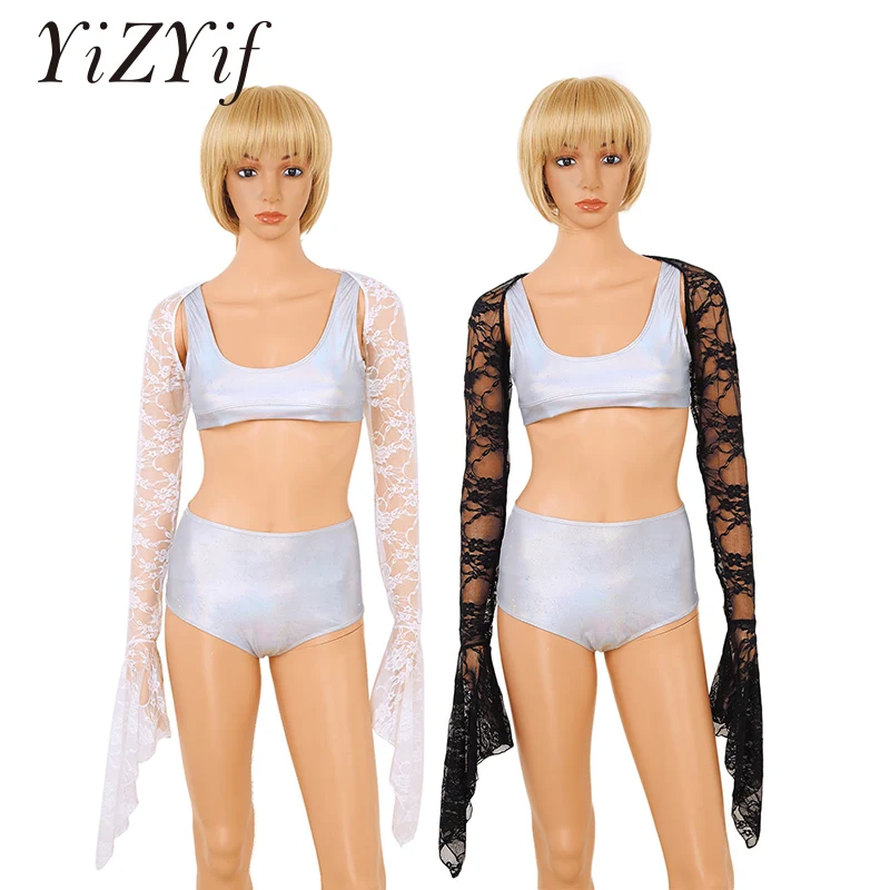 

Women sheer lace cover ups Retro Vintage Punk Gothic Raglan Long Flare Sleeve Sheer Lace Arm Warmers Bolero Shrug Cover Ups