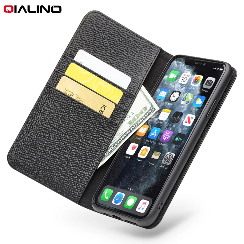 

QIALINO Luxury Genuine Leather Phone Cover for iPhone 11/11Pro Card Slots Pocket Magnetic Car Hold Flip Case for iPhone11 ProMAX
