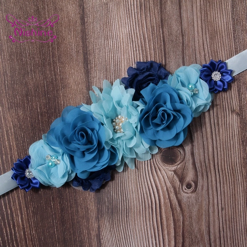 Cinturón de maternidad Floral de gasa Boutique, flores poligonales de diamantes de imitación, azul, accesorios de vestido de dama de honor, decoración de fiesta|Cinturones de - AliExpress