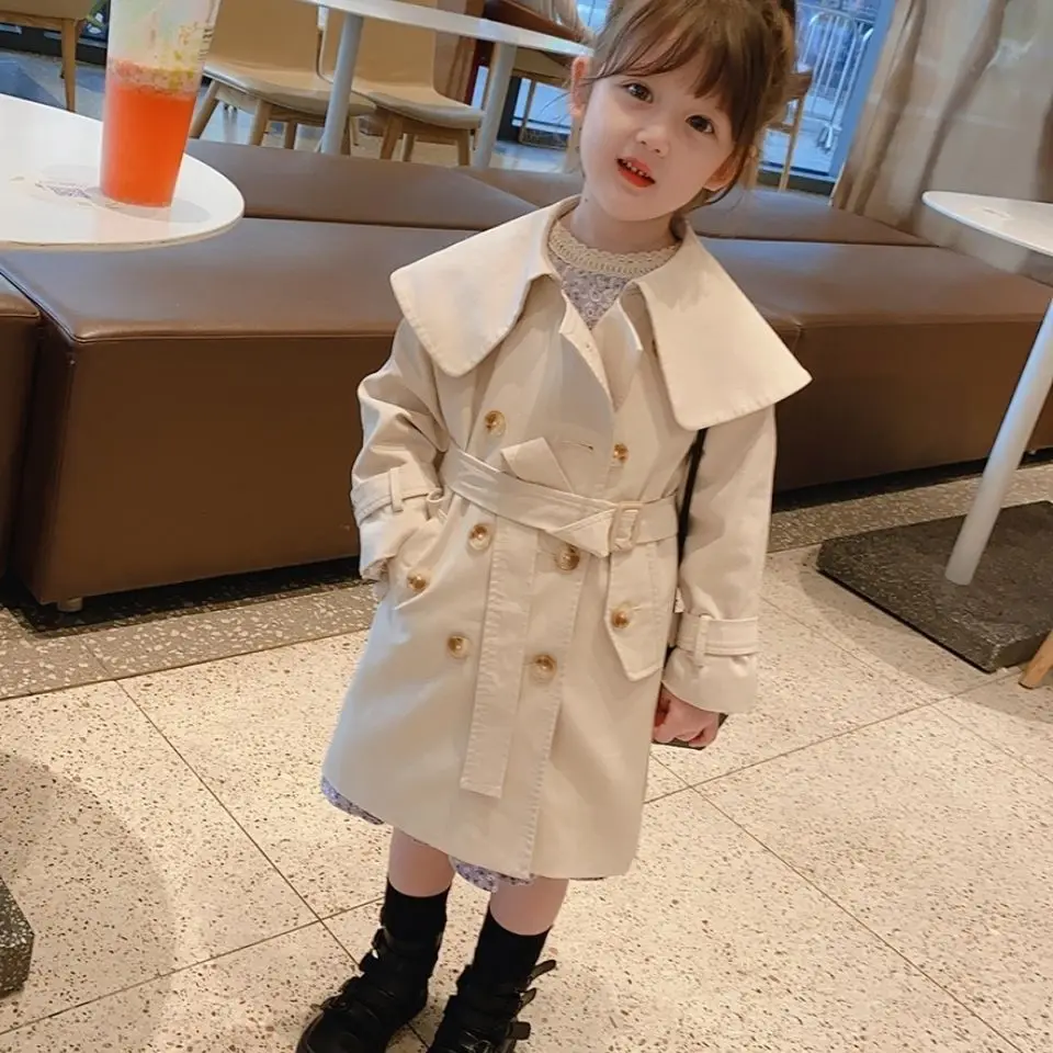 

Boutique Khaki Double Breast England Style Windbreaker for Girls Kids Toddler Spring Autumn Long Trench Children's Outerwear