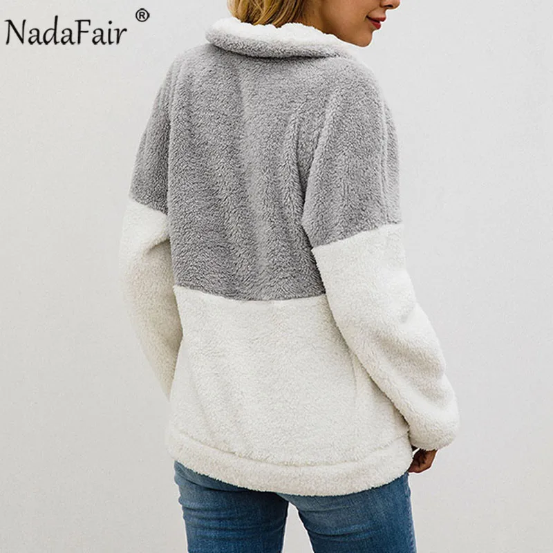  Nadafair Faux Fur Casual Oversized Hoodies Women Sweatshirt 2019 Autumn Patchwork Pockets Zip Plus 