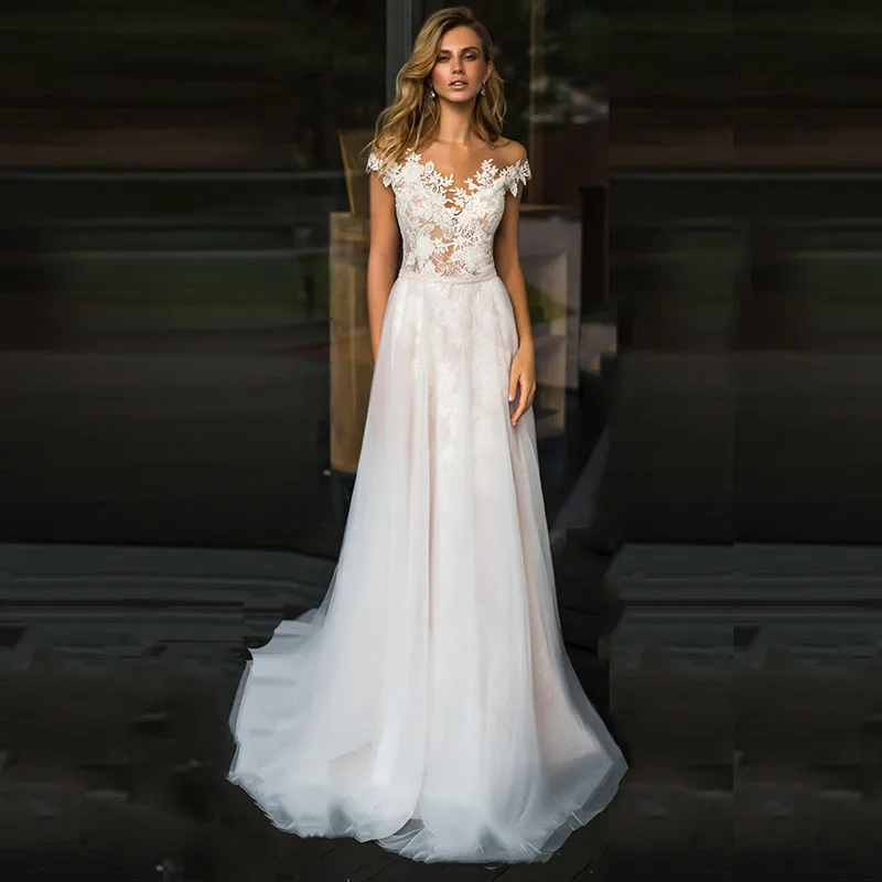 

Spring Illusion Short Sleeves A-Line Wedding Dresses Sweep Train Long Bridal Gowns 2020 Modest Vestidos De Mariee