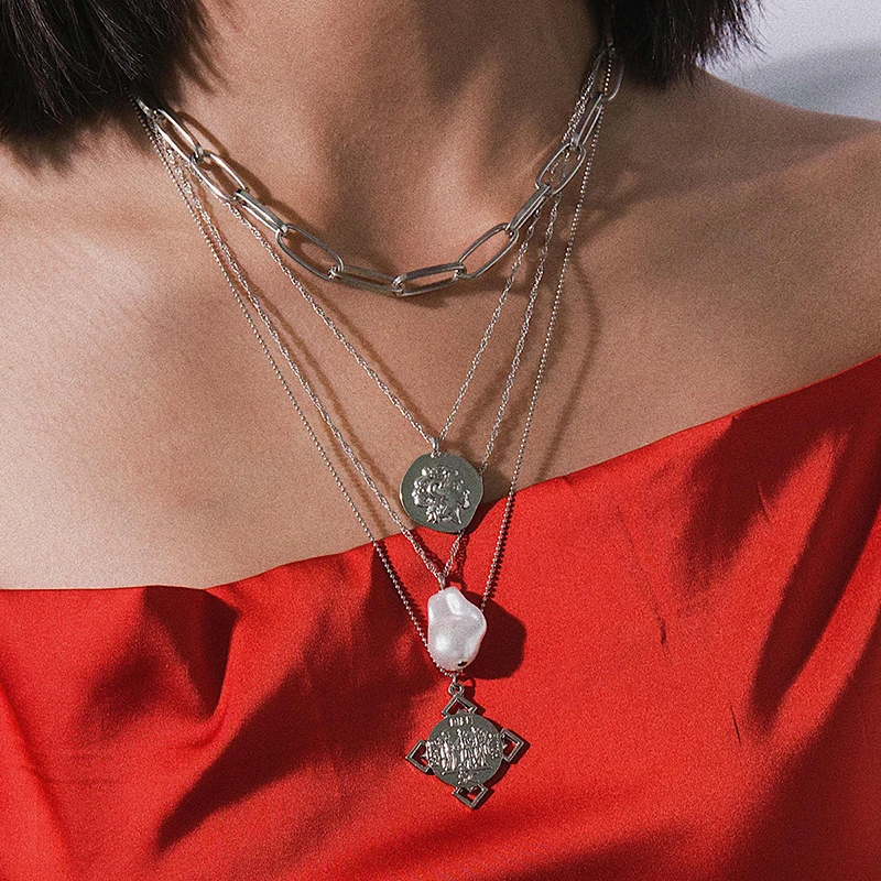 

Trendy Geometric Pendant Necklace Multi-layer Crystals Pearls Necklaces Boho Chain Choker Bijoux Mujer Party Jewelry Accessories