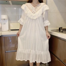 Women Sweet Nightgowns Lolita Nighty Long Dressing Gown Sleepwear Vintage Ruffles Lace Sexy Elegant Homewear Cotton Nightwear