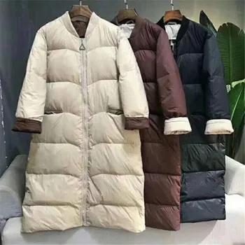 

New Korean Style Baseball Down Jacket Coat Loose Winter Long Outwear 90% White Duck Down Coat Over Size