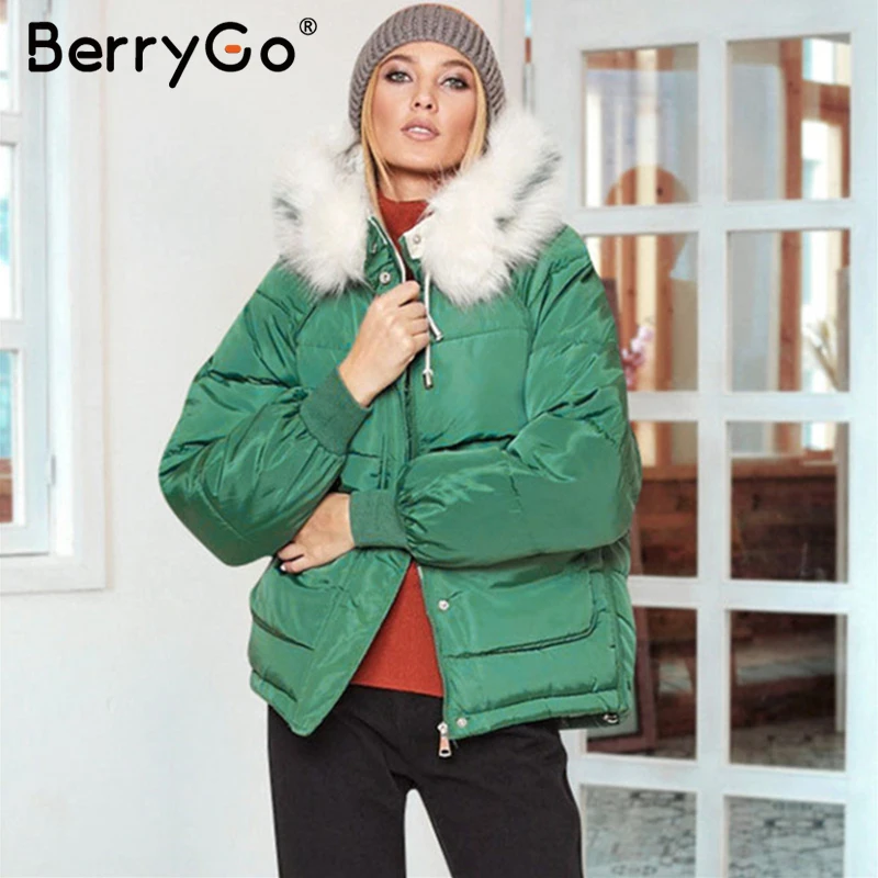 BerryGo, Повседневная Женская парка с меховым воротником и капюшоном, Осень-зима, Толстая Женская Теплая стеганая куртка, модная женская куртка на молнии, большие размеры