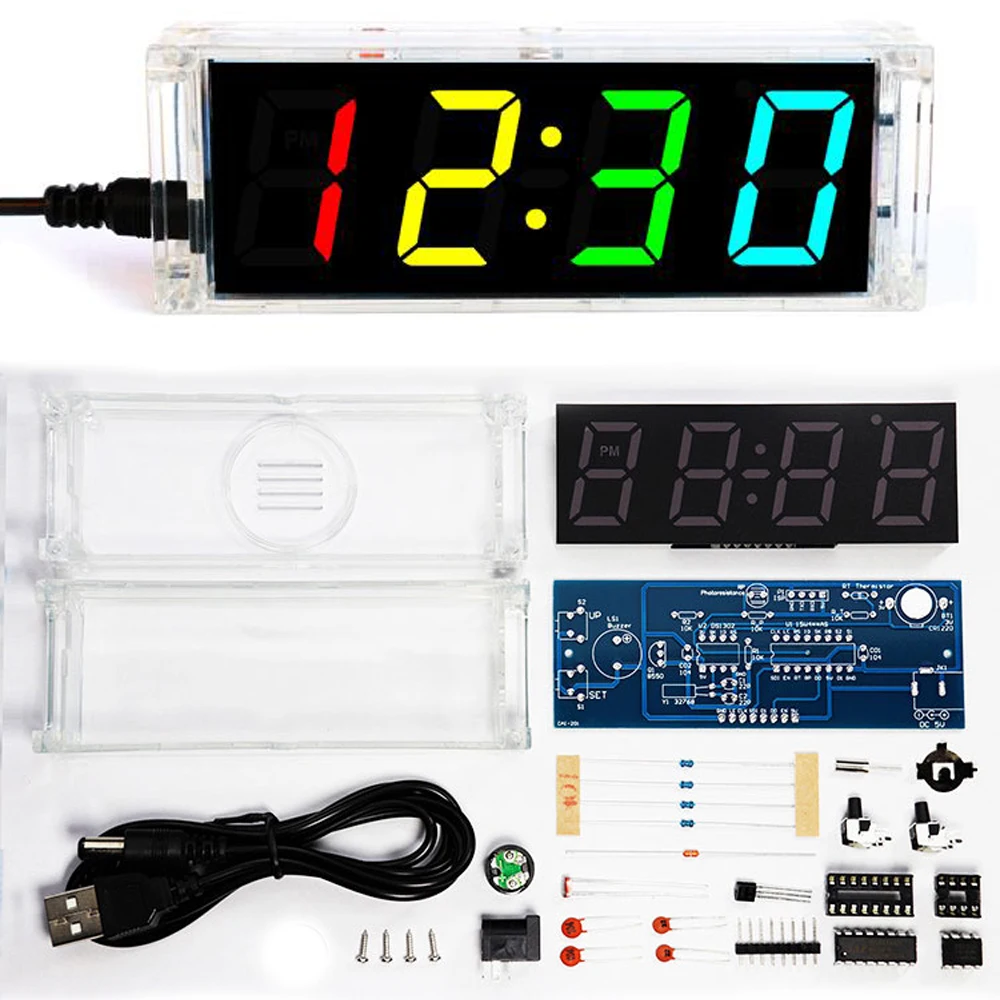 diy clock kit 4 digital tube multicolor LED time week temperature date display with clear case cover diy sodering project afbeelding