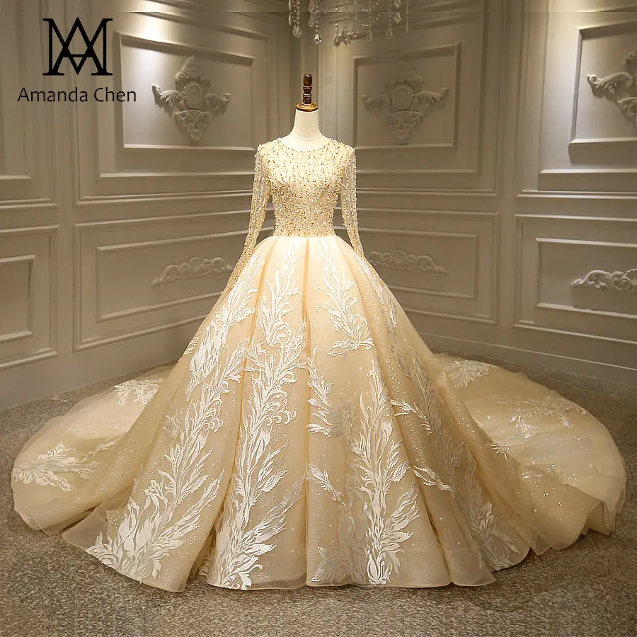 Шампанское Vestido de novia sencillo платье с длинными рукавами и кружевной аппликацией, украшенное бисером, сексуальное свадебное платье - Цвет: Шампанское