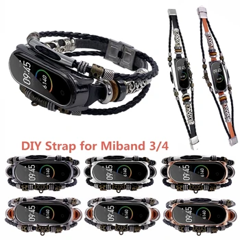 

Fashion Retro Strap For Mi Band 3/4 Wrist Strap For Mi Band 4 watch Leather Strap Replacement Leather Beading Bracelet 6 color
