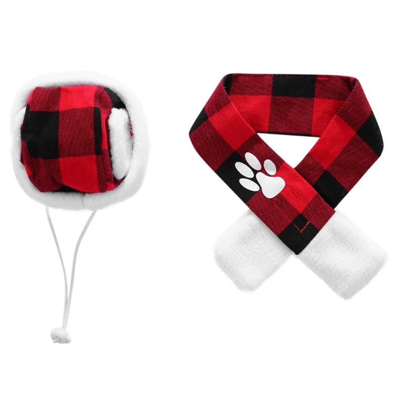 Шляпа для животных шарф "Шотландка" набор фестивальный костюм принт ПЭТ уличная зимняя шапка и шарф набор Рождественская шапка для собак шарф набор