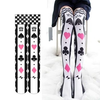 

Poker Printing Over-knee Stockings Velvet Women Girls Stockings Easy Match Playing Cards Black&White