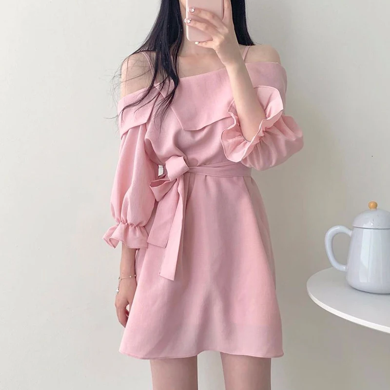 SHENGPALAE New Spring Spring Japan Korea Women Above Knee Mini Slash Neck With Sashes Half Flare Sleeve A-line Dress FR350
