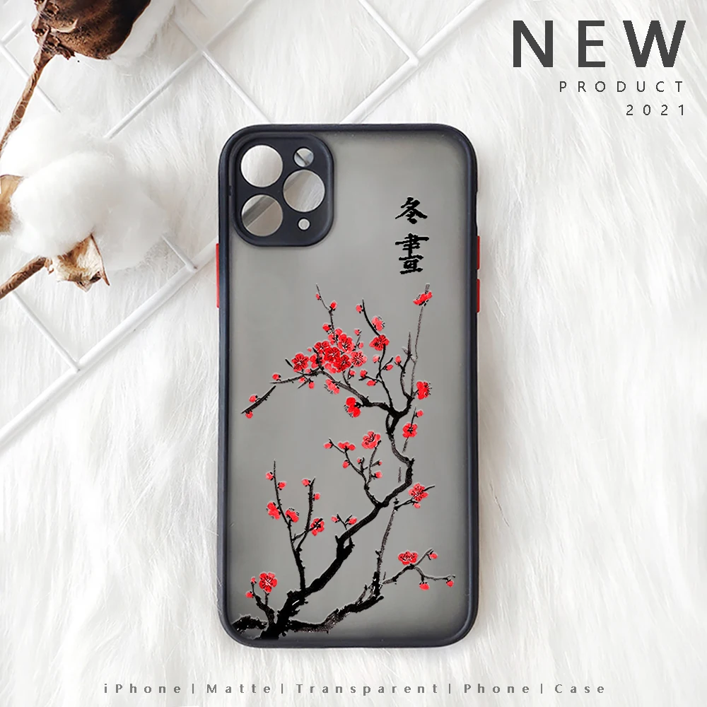 Plum Blossom Flower Iphone 13 12 XS 11 Pro Max Mini Chinese Style Painting Case for  X XR SE2020 7 8 Plus Red Floral Design Case
