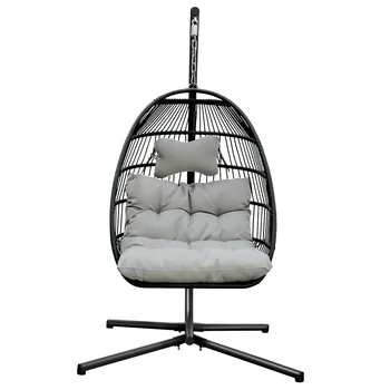 

Egg Chair Swing with Stand Rattan Effect Four Corners Single Hanging for Patio Deck Garden Yard Backyard Porch U.S. Stock