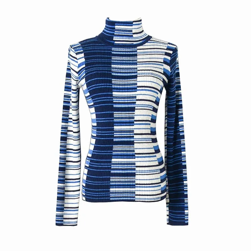 

Runway Women Wool Bend Sweater 2019 Fall Winter Turtleneck Long Sleeve Striped Slim Bodycon Sweater Jumper Knitted Tops P-053
