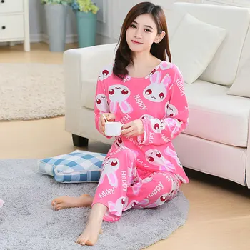 

Spring Autumn Pajamas pyjamas Sets Rabbit Print Women Long Sleepwear Home wear female night suits home clothes Sleepwear Wholes