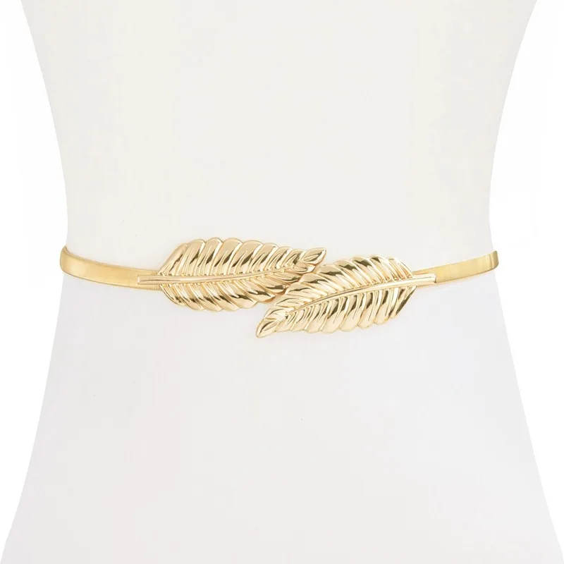 

European and American Big Brand Women's Elastic Metal Thin Waist Chain Tree Leaf To Buckle Women's Belt