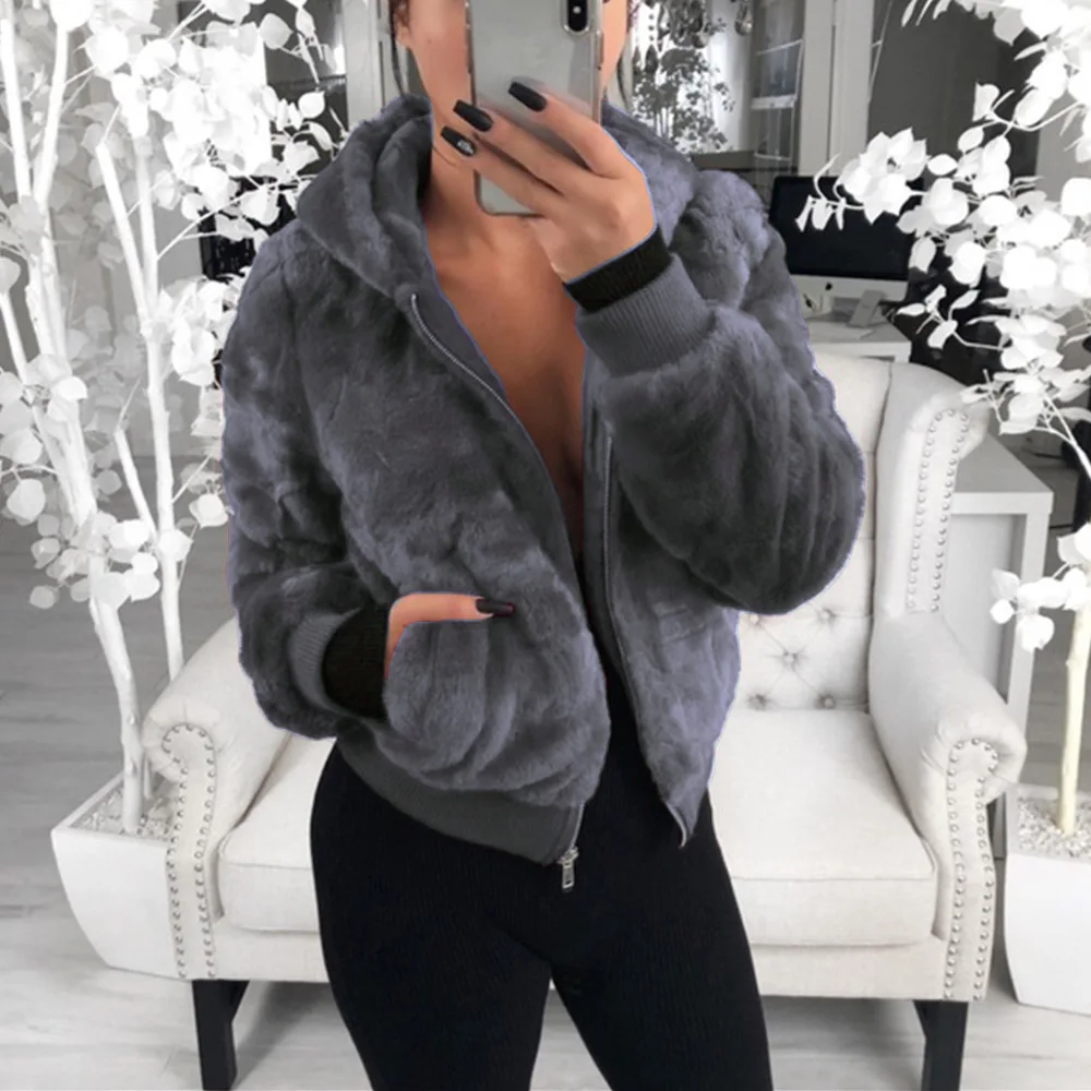 

Plus Size 3XL Plush Rabbit Fur Faux Fur Coat Women Winter Elegant Casual Warm Hooded Jacket Female