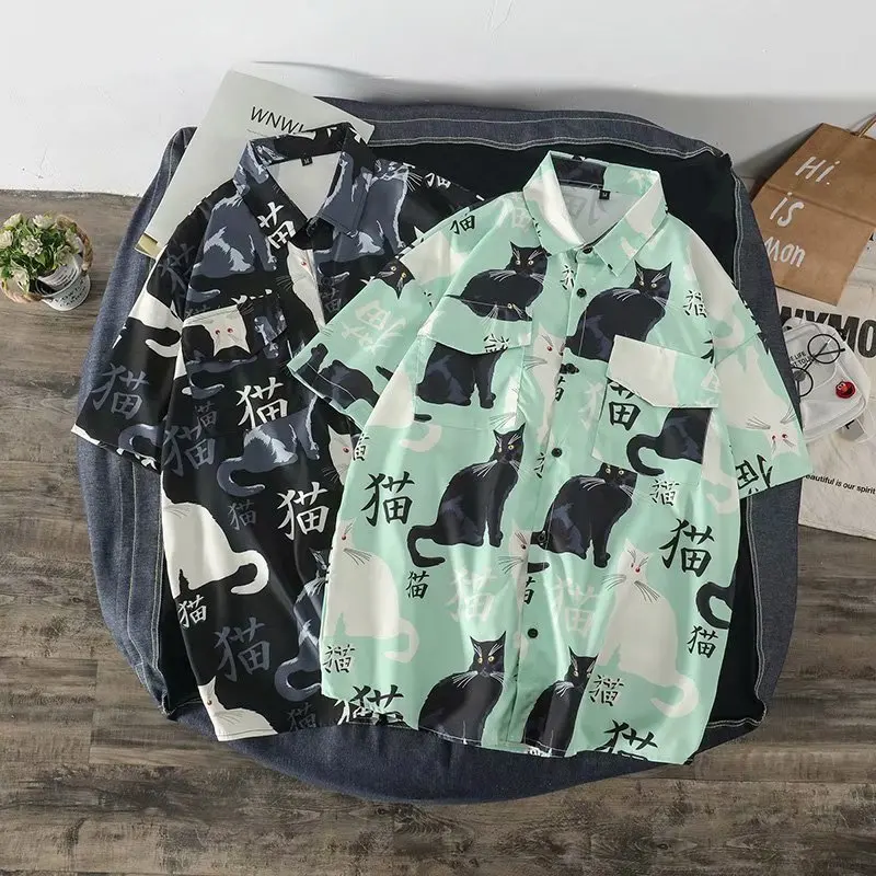 Men Hawaiian Shirt Summer Mens Hawaiian Shirt 3D animal black cat Printed Short lapel Sleeve Big Size Hawaii Men Beach Floral Shirts