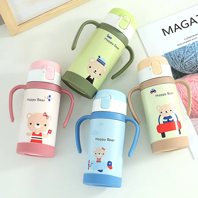 

Thermos cup New children's mug with handle stainless steel straw cup student cartoon cup