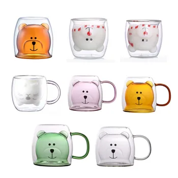 

250ml Glass Mugs Cute Bear Cat Animal Double Wall Glass Mug Double-layer Glass Milk Mug Coffee Cup Christmas Gift