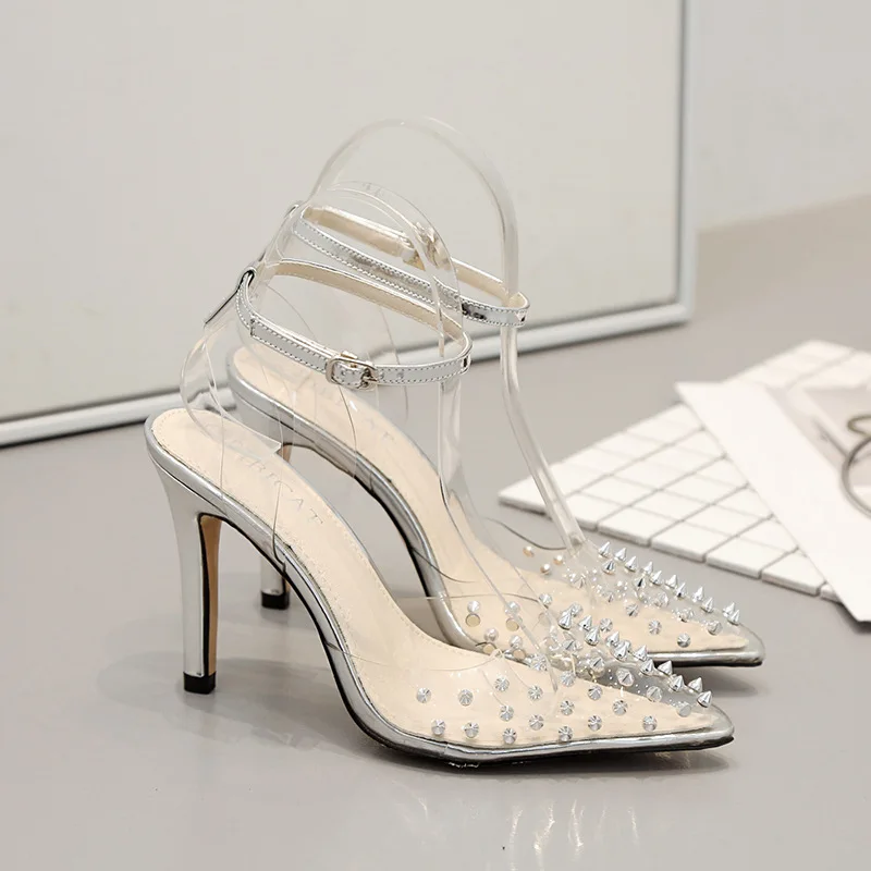 

2019 Spring New Style Transparent Film Rivet Pointed-Toe Closed-toe A- line Buckle Stiletto Sandals 35-41