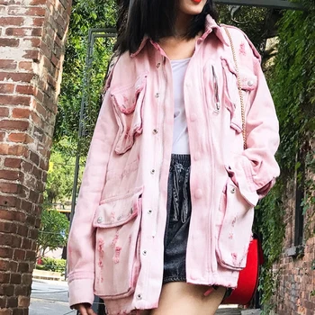 

Winter Loose Thick Pink Denim Jacket Casual Fashion Turn Down Collar Hole Vintage Pocket Coats Street Punk Style Big Size
