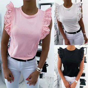 

Summer T-Shirts Women Casual O-Neck Ruffles Short Sleeve Lace Patchwork Slim Solid Pullovers Tops Office Ladies Black White Tops