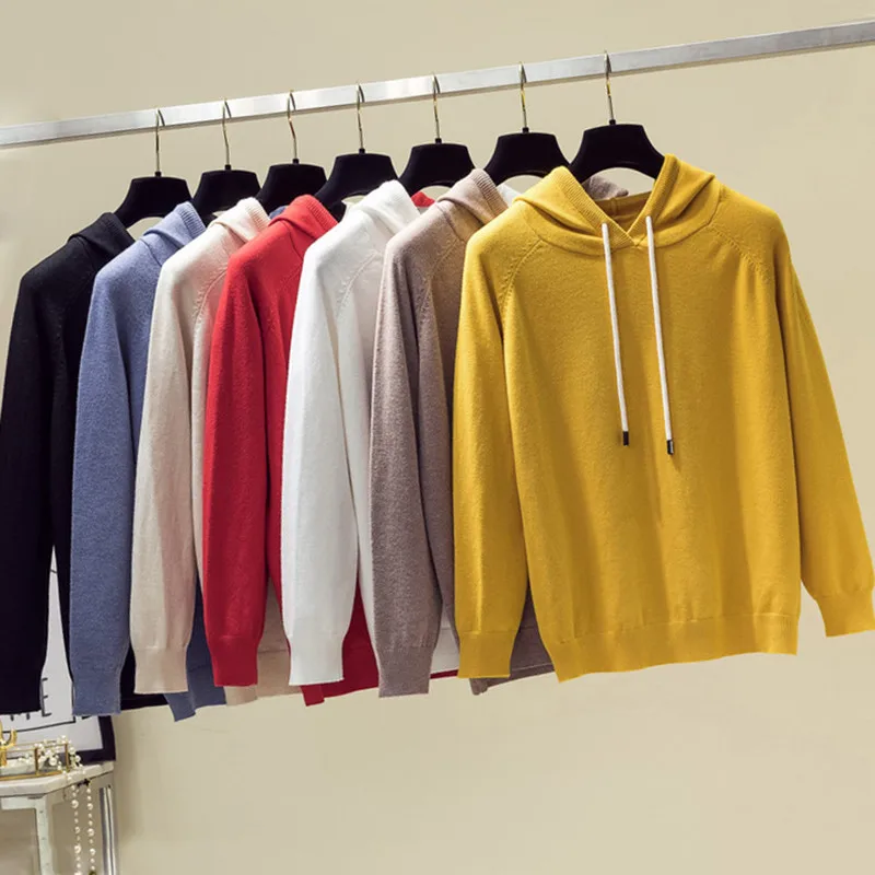 

Solid Casual Sweater Women Long Sleeve Hooded Sweaters Pullovers Jumper Leisure Ladies Tops Autumn Knitted Lace Up Pull Femme