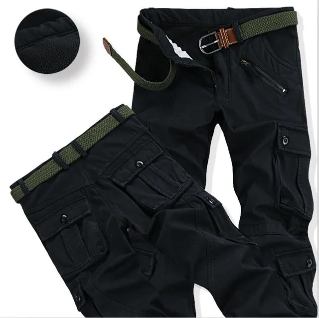 Black Cargo Pants Мужские толстые теплые флисовые зимние штаны модные Свободные мешковатые рабочие брюки Карго повседневные Карманы меховые брюки плюс размер 38 4 - Цвет: Black Cargo Pants