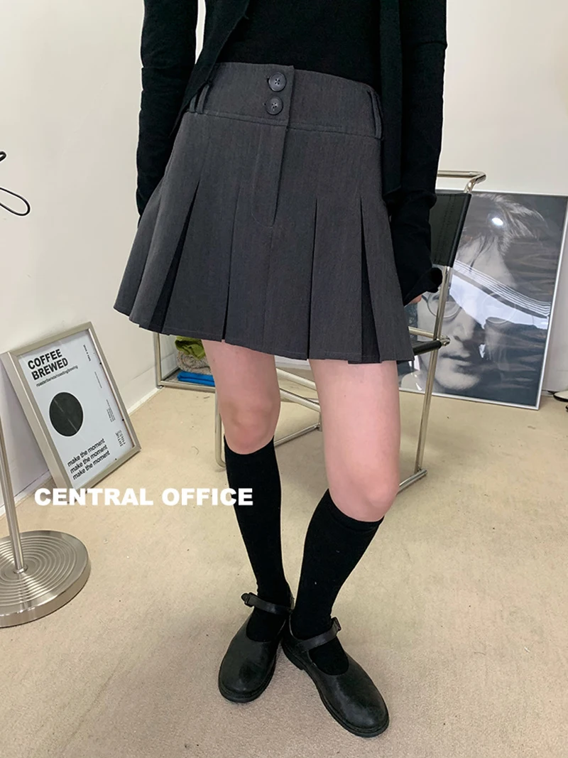 Korean Style Skirts High Waist College Double Buckle Pleated Short Skirt Girls Ultra Jk