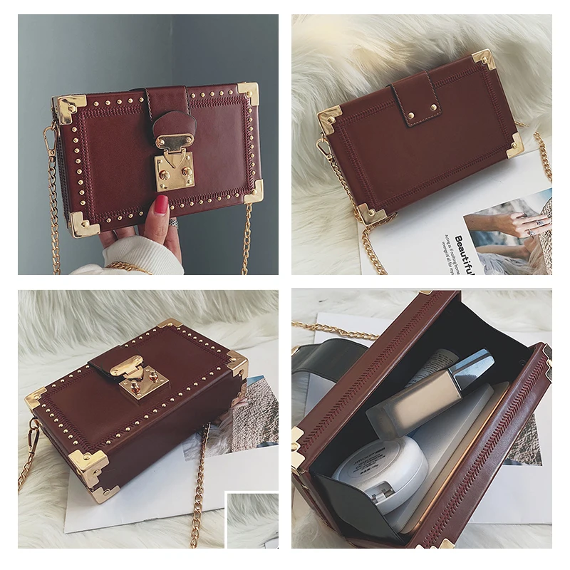 Fashion Vintage Rivet Designer Bag Box Style Buckle PU Women Clutch Bag Chain Purse Shoulder Bag Crossbody Small Flap Handbag