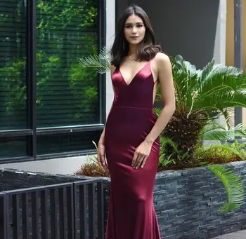 

Unique Spaghetti Straps V Neck Women Dinner Dress Imitated Silk Fabric Mermaid Formal Evening Gown robe de soiree