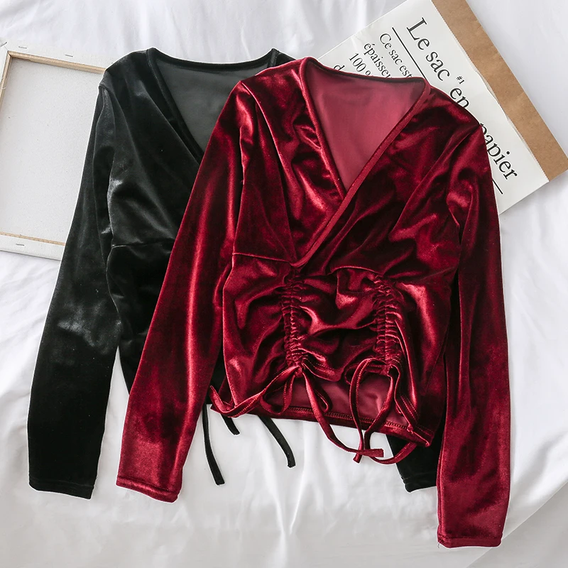 

Women Autumn Blouse Shirts Tops 2019 retro velvet draw rope fold cross V-collar shirt