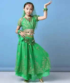 

Belly Dance Costume Girl Childern Indian Dance Dress Bellydance 5pcs/Set Performance with Coins Accessories Costume