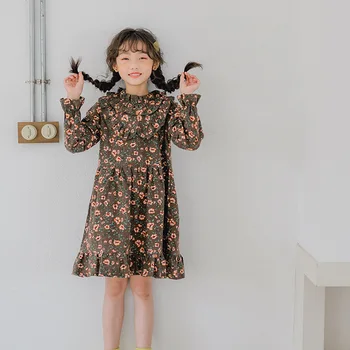 

England Style Printed Floral Dresses Girls Clothes New 2019 Autumn Kids Petal Sleeve Cotton Princess Ruffles Children Dresses